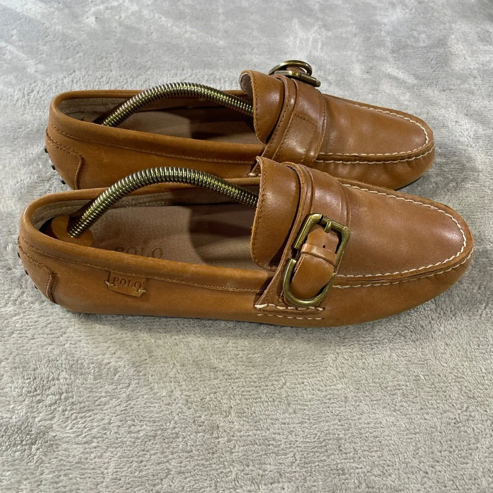 Polo Ralph Lauren Whiteley Driving Moccasin Loafers Mens 8.5 Tan Leather Buckle